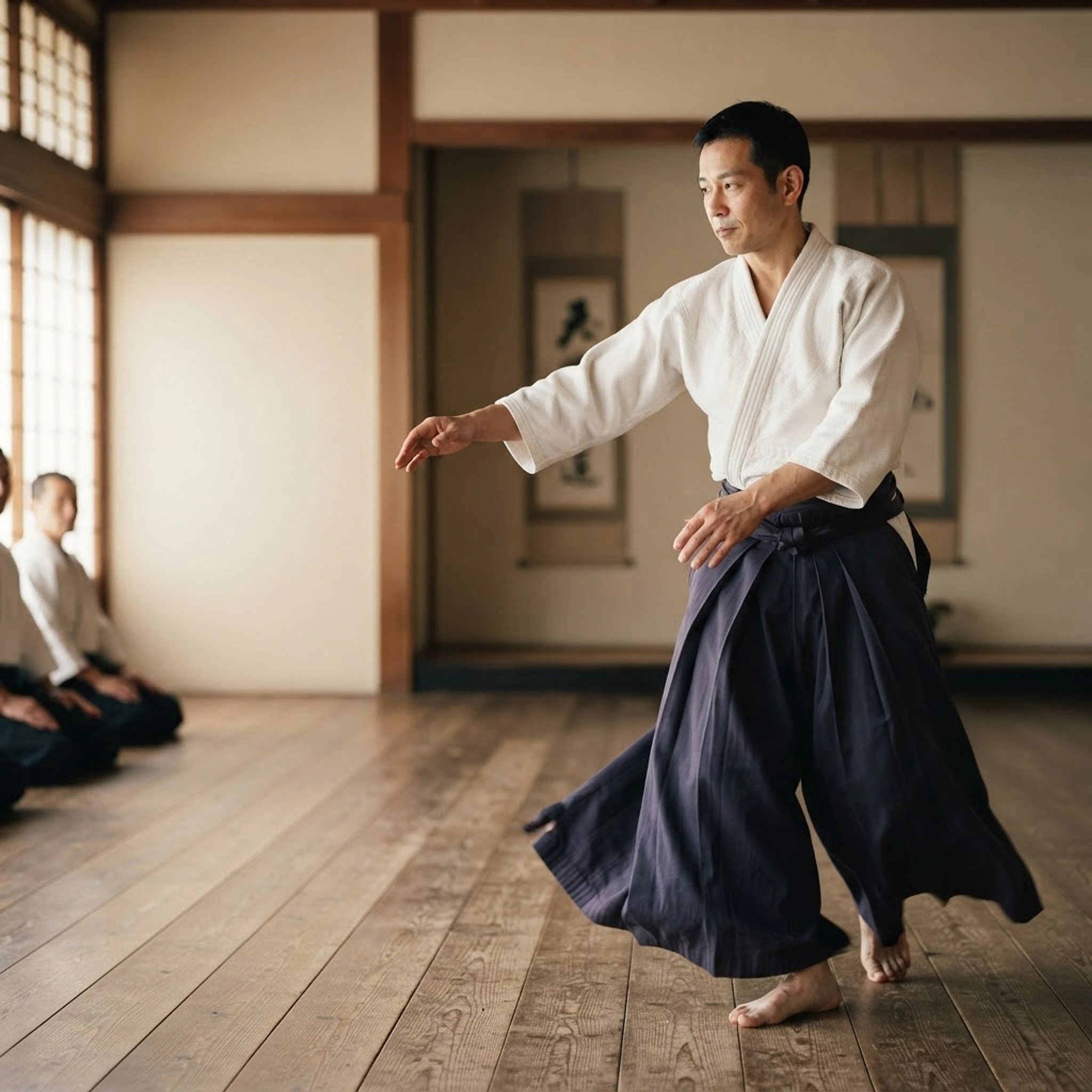 Aïkidoka en hakama exécutant un mouvement dans un dojo japonais